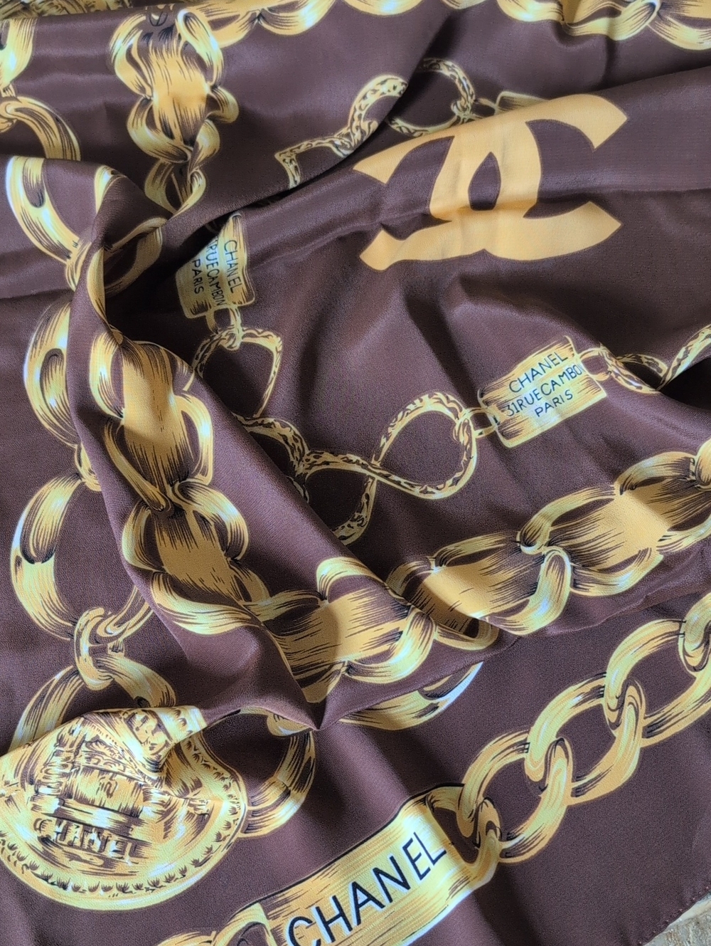 CHANEL Brown and Gold Chain-Print  100% Silk Scarf 35x35"